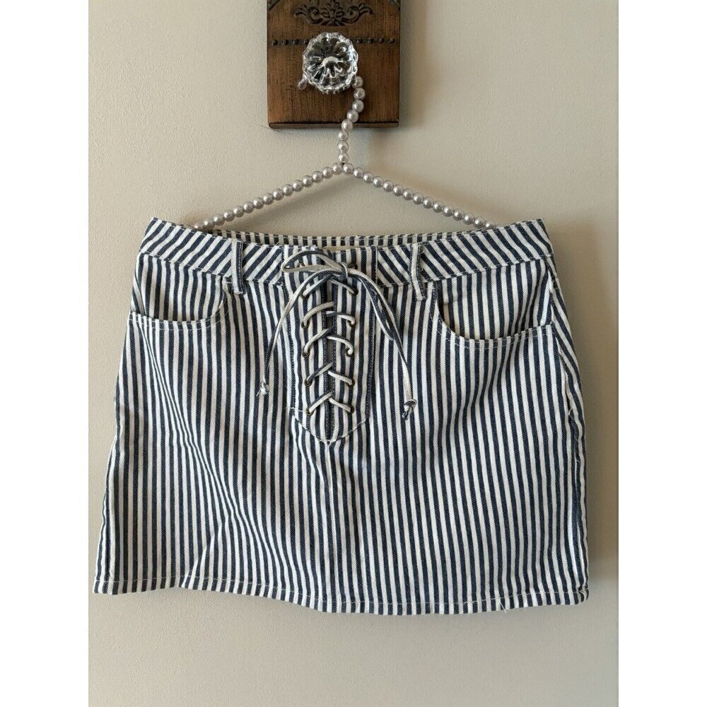 Pacsun Size 26 Blue White Railroad Stripe Denim Lace Up Front Mini Skirt
